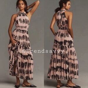 Anthropologie Somerset Halter Maxi Dress Neutral Smocked Waist Size XL NWT